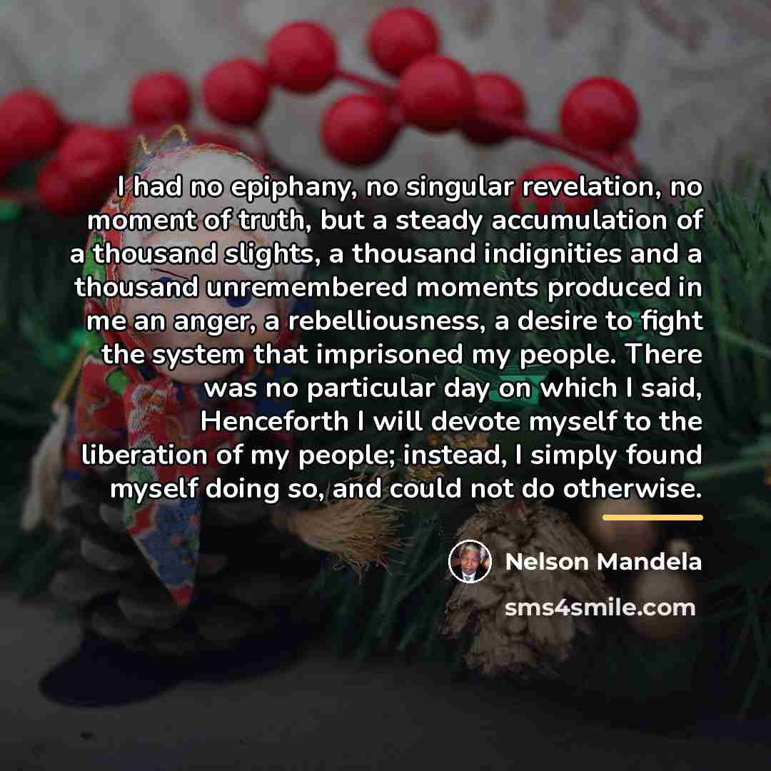 “I had no epiphany, no singular revelation, no moment of…” quote by Nelson Mandela