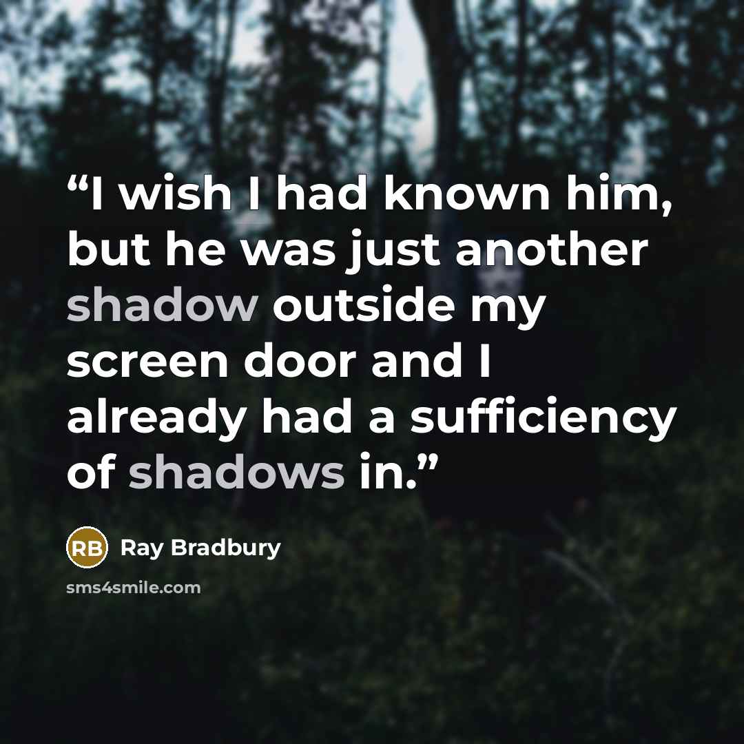 “I wish I had known him, but he was just another shadow outside my screen door and I already had a sufficiency of shadows in.” quote by Ray Bradbury