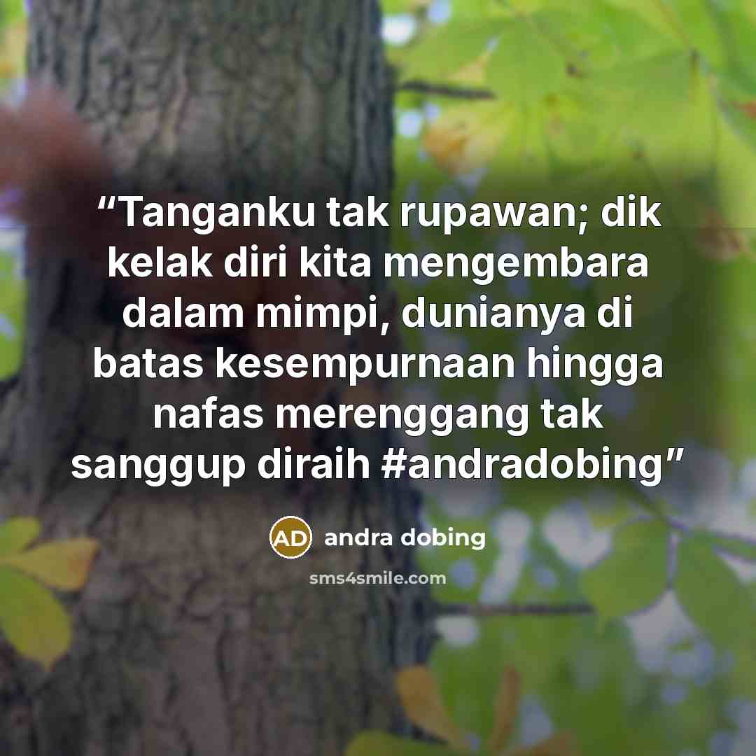 “Tanganku tak rupawan; dik kelak diri kita mengembara dalam mimpi, dunianya di batas kesempurnaan hingga nafas merenggang tak sanggup diraih #andradobing” quote by andra dobing