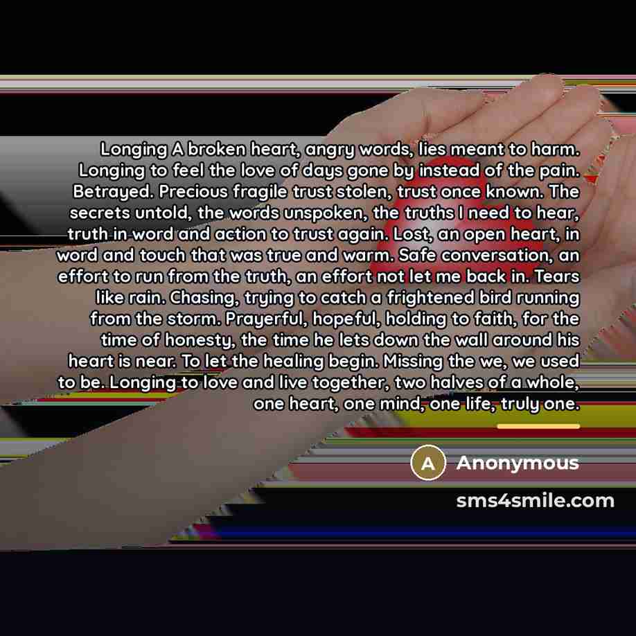 “Longing A broken heart, angry words, lies meant to harm.…” quote by Anonymous