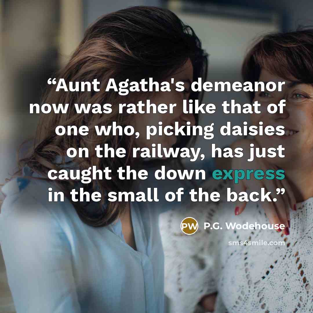 “Aunt Agatha's demeanor now was rather like that of one who, picking daisies on the railway, has just caught the down express in the small of the back.” quote by P.G. Wodehouse