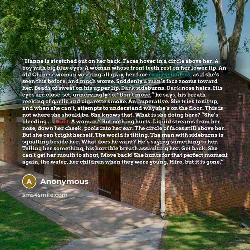 “Hanne is stretched out on her back. Faces hover in a circle above her. A boy with big blue eyes. A woman whose front teeth rest on her lower lip. An old Chinese woman wearing all gray, her face expressionless, as if she’s seen this before, and much worse. Suddenly a man’s face zooms toward her…” quote by Anonymous
