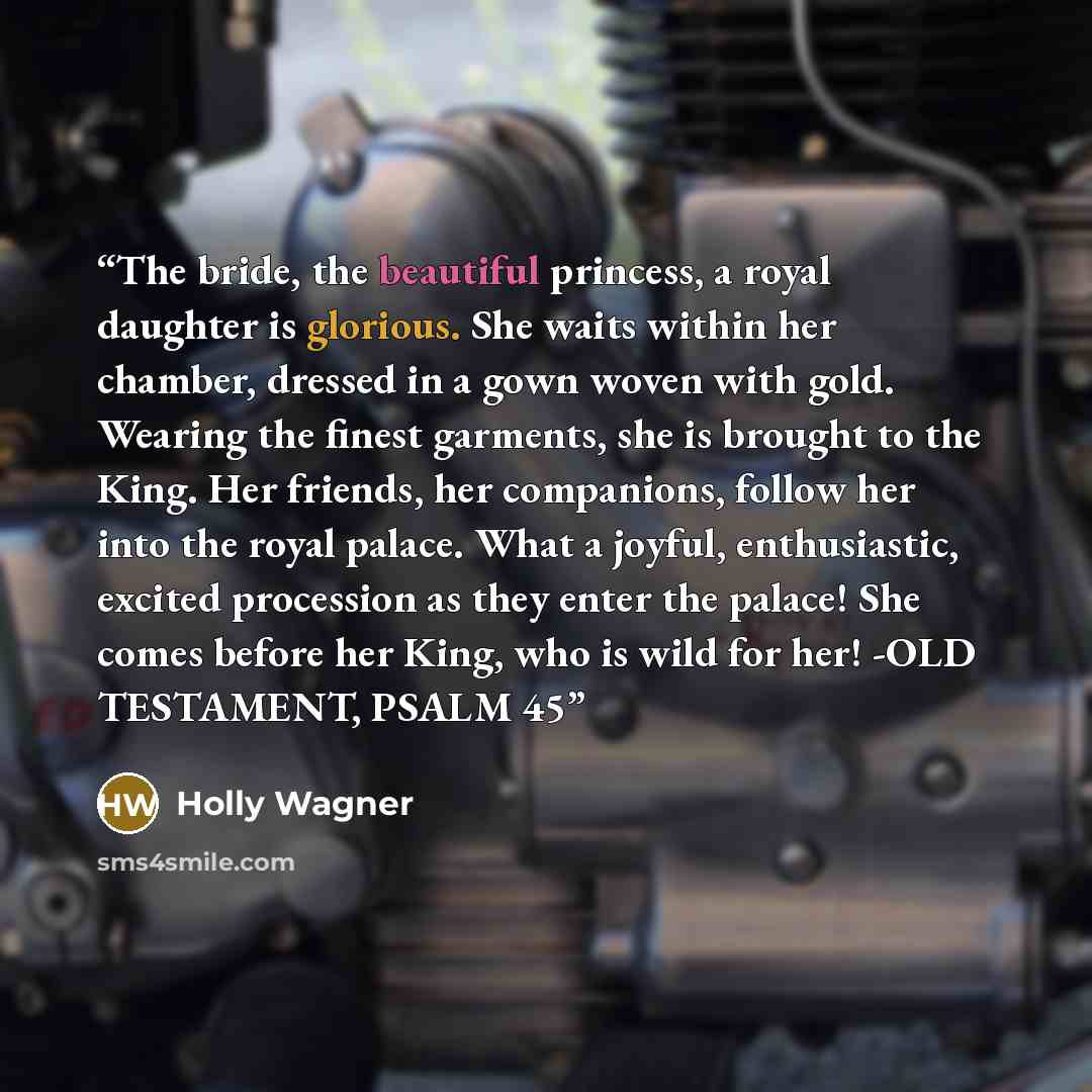 “The bride, the beautiful princess, a royal daughter is glorious. She waits within her chamber, dressed in a gown woven with gold. Wearing the finest garments, she is brought to the King. Her friends, her companions, follow her into the royal palace. What a joyful, enthusiastic, excited procession…” quote by Holly Wagner