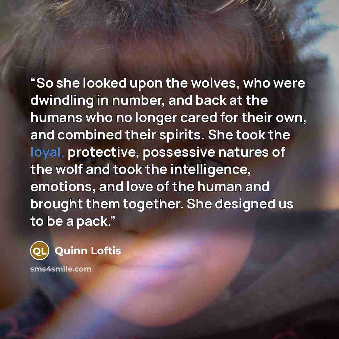 “So she looked upon the wolves, who were dwindling in number, and back at the humans who no longer cared for their own, and combined their spirits. She took the loyal, protective, possessive natures of the wolf and took the intelligence, emotions, and love of the human and brought them together…” quote by Quinn Loftis