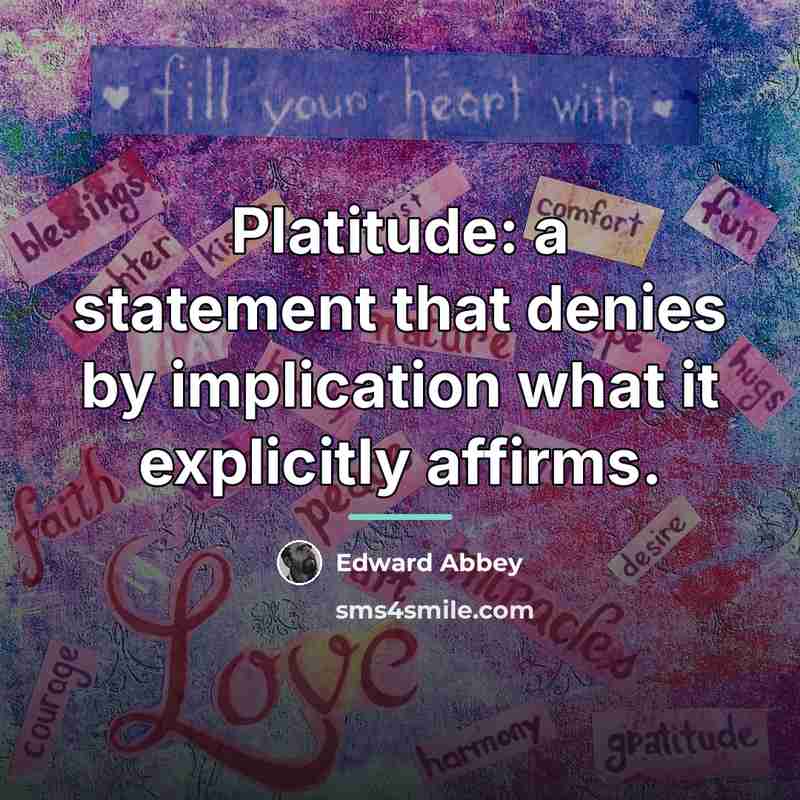 “Platitude: a statement that denies by implication what it explicitly…” quote by Edward Abbey