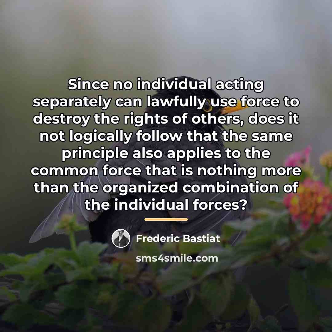 “Since no individual acting separately can lawfully use force to…” quote by Frederic Bastiat