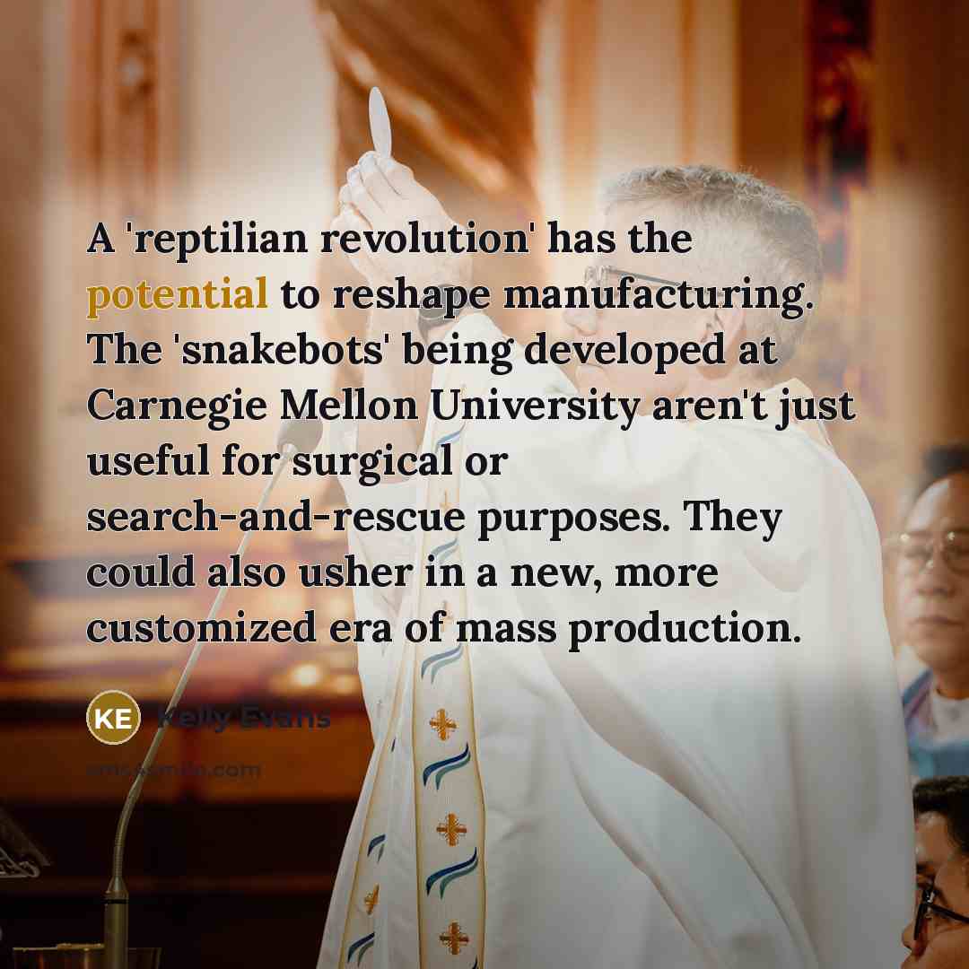 “A 'reptilian revolution' has the potential to reshape manufacturing. The 'snakebots' being developed at Carnegie Mellon University aren't just useful for surgical or search-and-rescue purposes. They could also usher in a new, more customized era of mass production.” quote by Kelly Evans