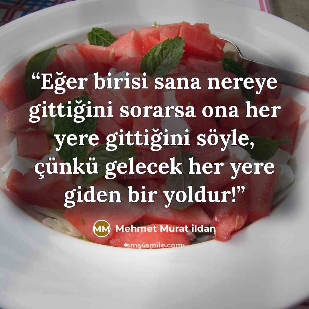 “Eğer birisi sana nereye gittiğini sorarsa ona her yere gittiğini söyle, çünkü gelecek her yere giden bir yoldur!” quote by Mehmet Murat ildan