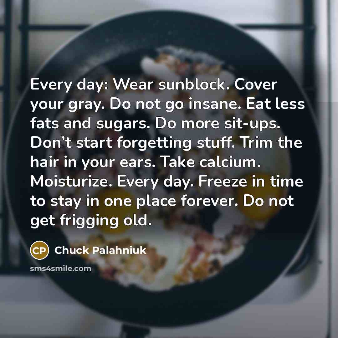 “Every day: Wear sunblock. Cover your gray. Do not go…” quote by Chuck Palahniuk