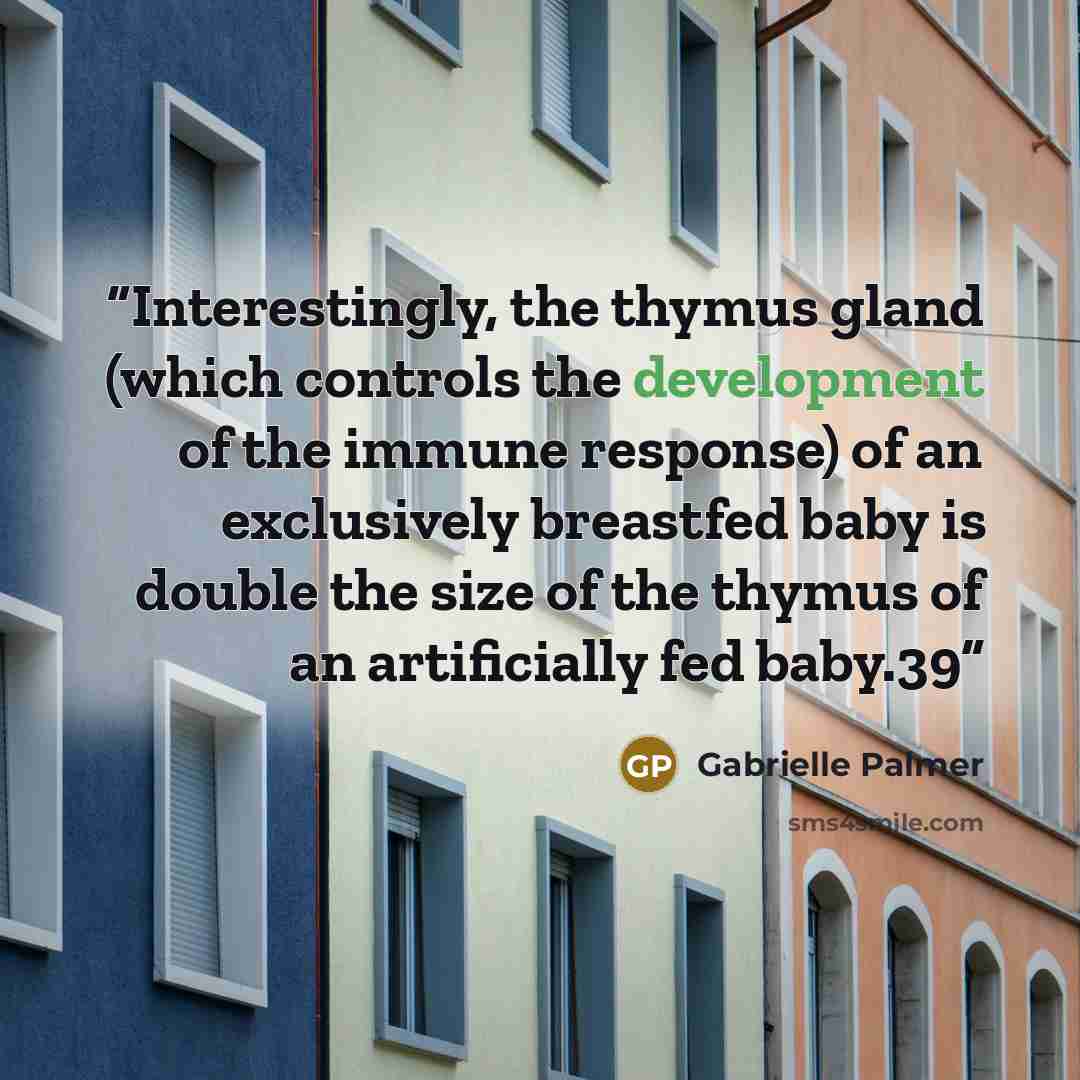 “Interestingly, the thymus gland (which controls the development of the immune response) of an exclusively breastfed baby is double the size of the thymus of an artificially fed baby.39” quote by Gabrielle Palmer