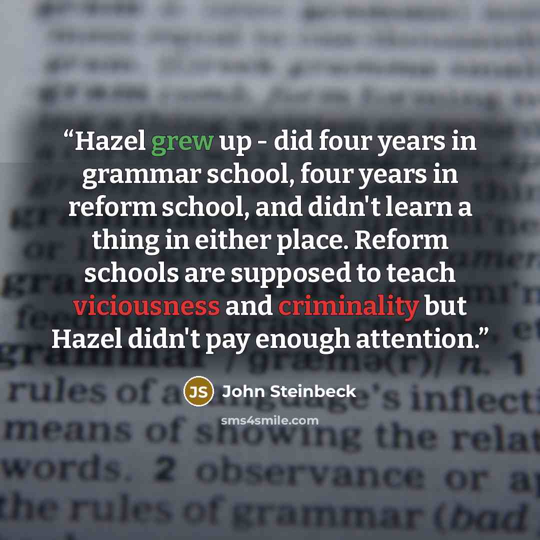 “Hazel grew up - did four years in grammar school, four years in reform school, and didn't learn a thing in either place. Reform schools are supposed to teach viciousness and criminality but Hazel didn't pay enough attention.” quote by John Steinbeck