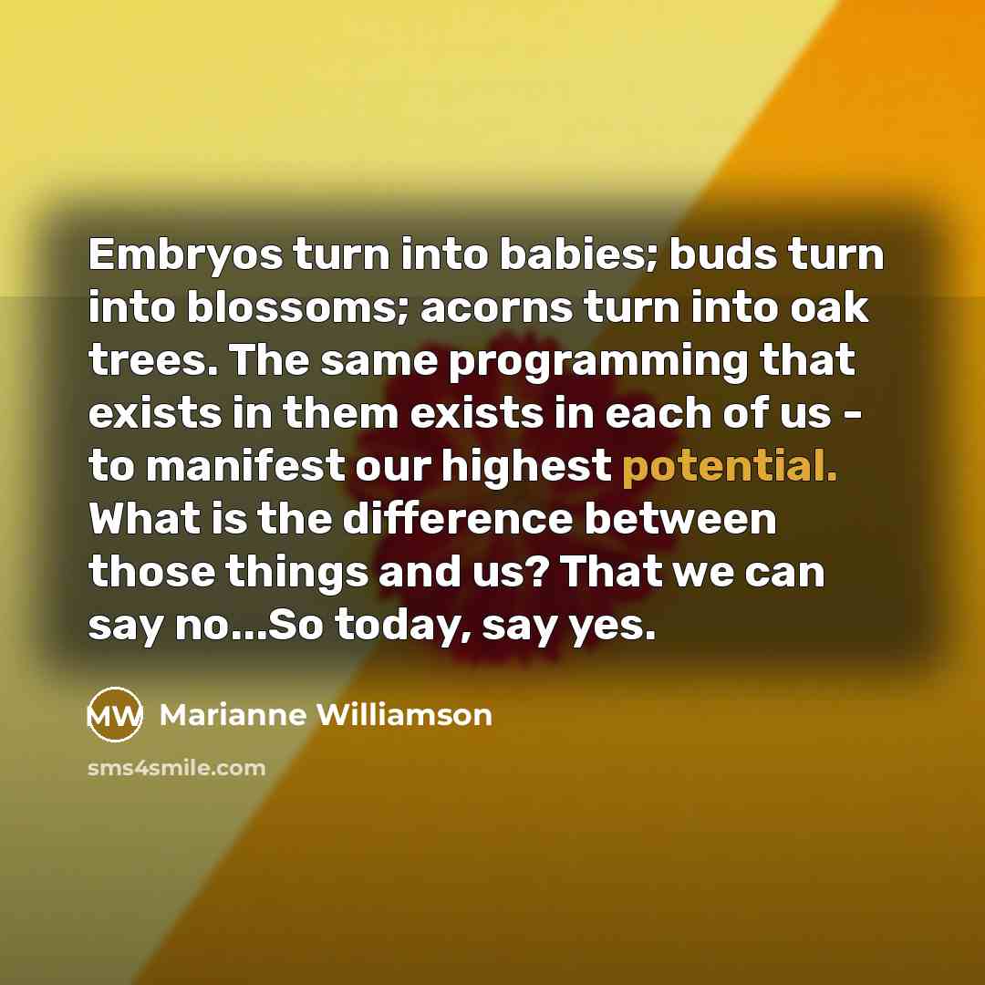 “Embryos turn into babies; buds turn into blossoms; acorns turn…” quote by Marianne Williamson