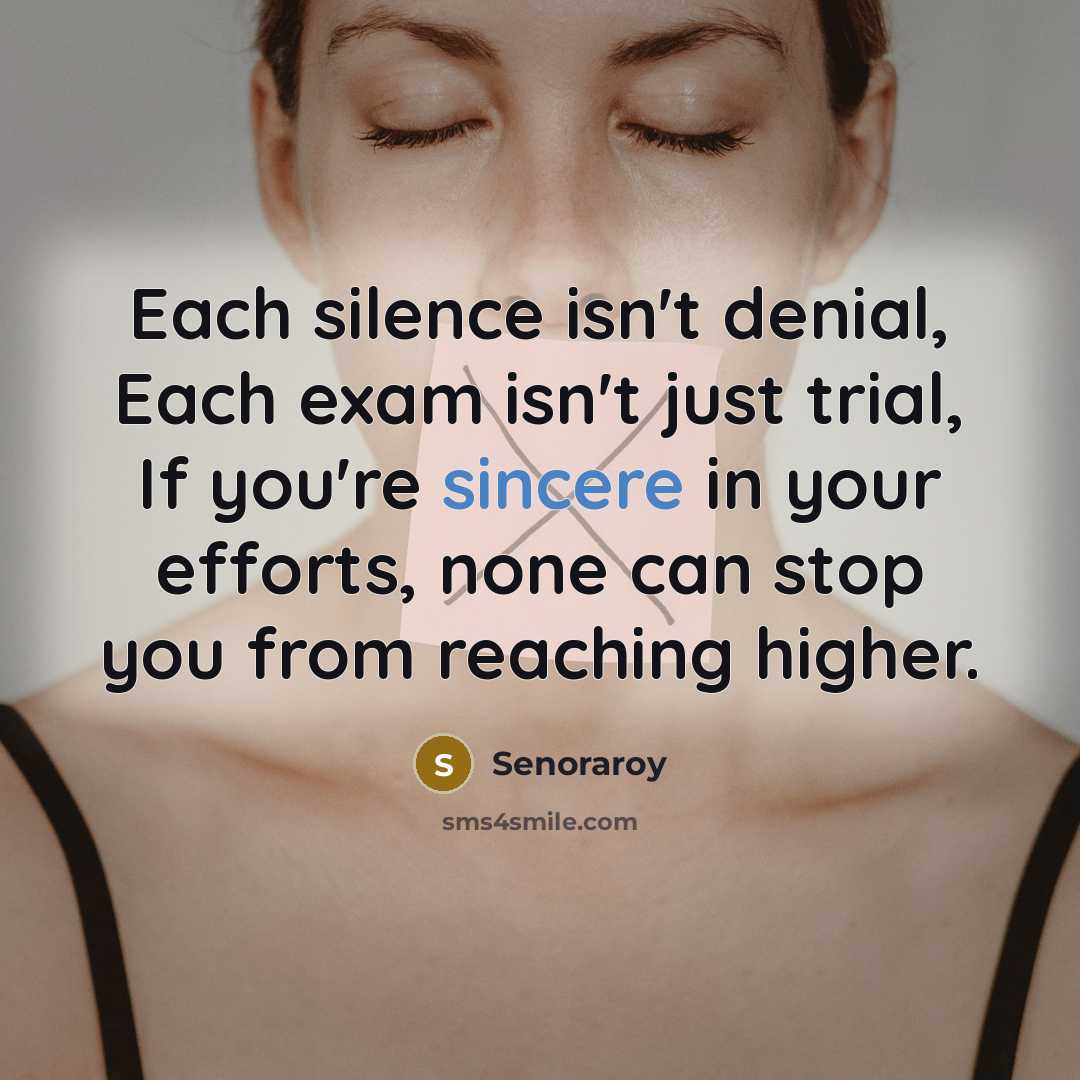 “Each silence isn't denial, Each exam isn't just trial, If you're sincere in your efforts, none can stop you from reaching higher.” quote by Senoraroy