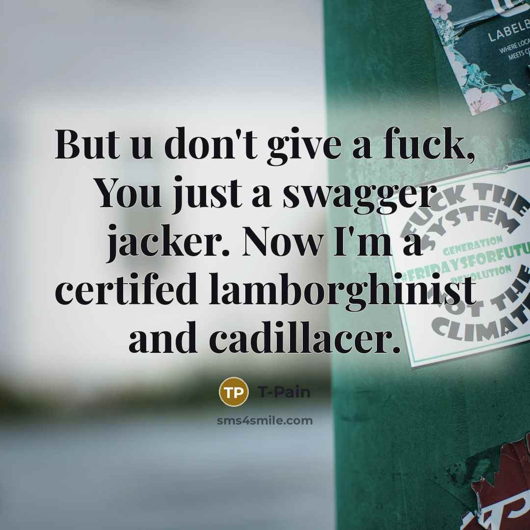 “But u don't give a fuck, You just a swagger jacker. Now I'm a certifed lamborghinist and cadillacer.” quote by T-Pain