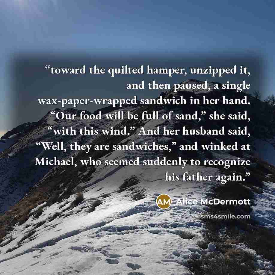 “toward the quilted hamper, unzipped it, and then paused, a single wax-paper-wrapped sandwich in her hand. “Our food will be full of sand,” she said, “with this wind.” And her husband said, “Well, they are sandwiches,” and winked at Michael, who seemed suddenly to recognize his father again.” quote by Alice McDermott