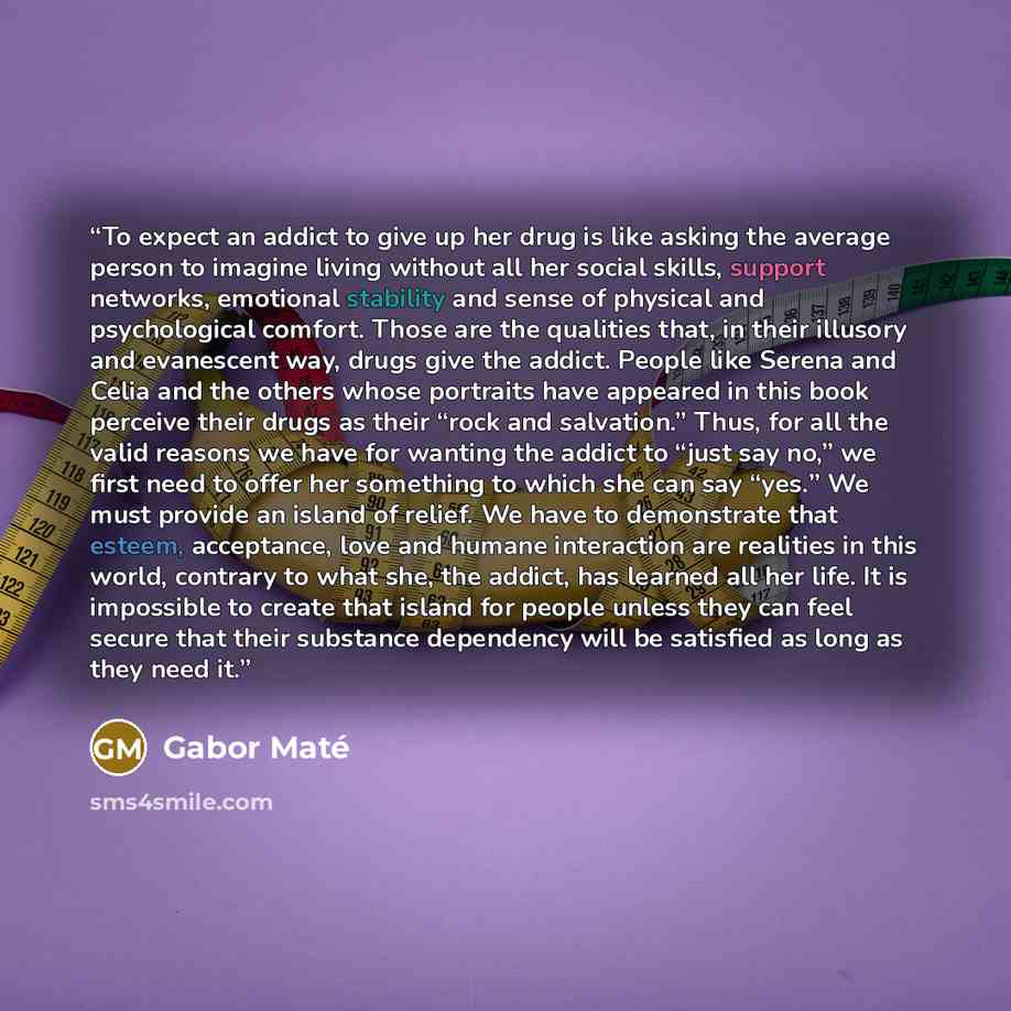 “To expect an addict to give up her drug is like asking the average person to imagine living without all her social skills, support networks, emotional stability and sense of physical and psychological comfort. Those are the qualities that, in their illusory and evanescent way, drugs give the…” quote by Gabor Maté
