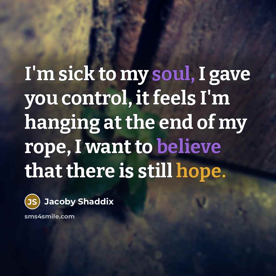 “I'm sick to my soul, I gave you control, it feels I'm hanging at the end of my rope, I want to believe that there is still hope.” quote by Jacoby Shaddix