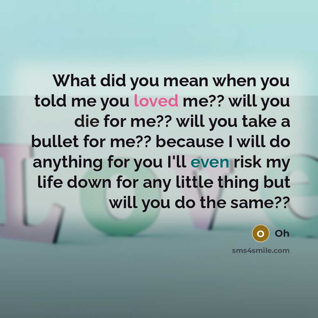 “What did you mean when you told me you loved me?? will you die for me?? will you take a bullet for me?? because I will do anything for you I'll even risk my life down for any little thing but will you do the same??” quote by Oh