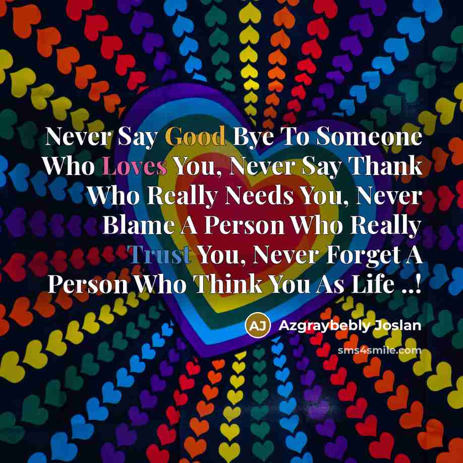 “Never Say Good Bye To Someone Who Loves You, Never Say Thank Who Really Needs You, Never Blame A Person Who Really Trust You, Never Forget A Person Who Think You As Life ..!” quote by Azgraybebly Joslan
