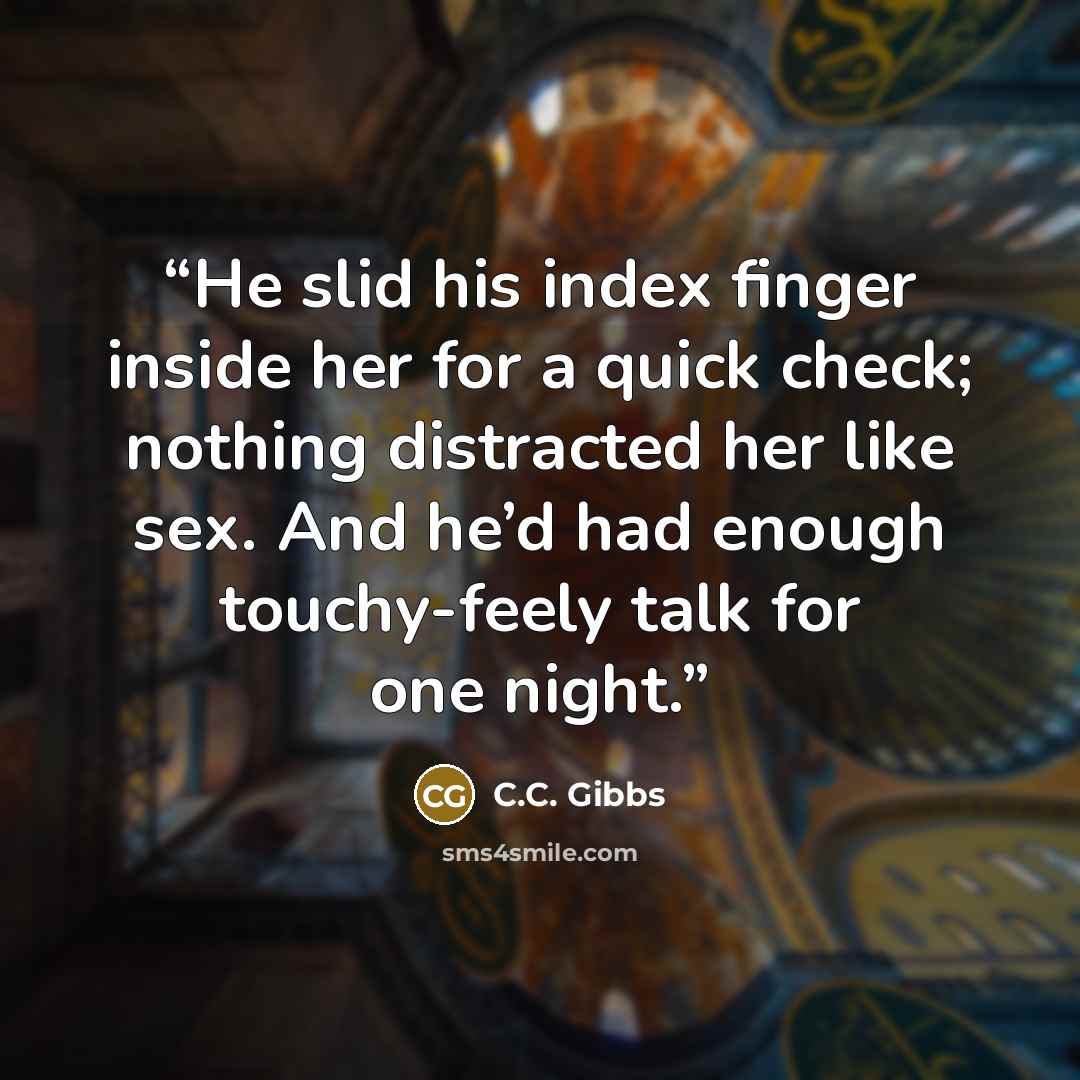 “He slid his index finger inside her for a quick check; nothing distracted her like sex. And he’d had enough touchy-feely talk for one night.” quote by C.C. Gibbs