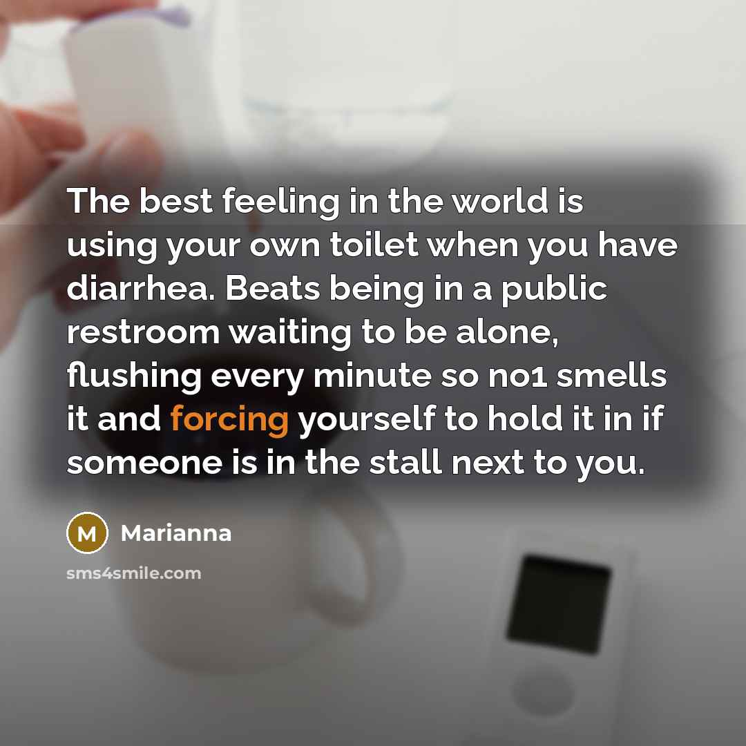“The best feeling in the world is using your own toilet when you have diarrhea. Beats being in a public restroom waiting to be alone, flushing every minute so no1 smells it and forcing yourself to hold it in if someone is in the stall next to you.” quote by Marianna