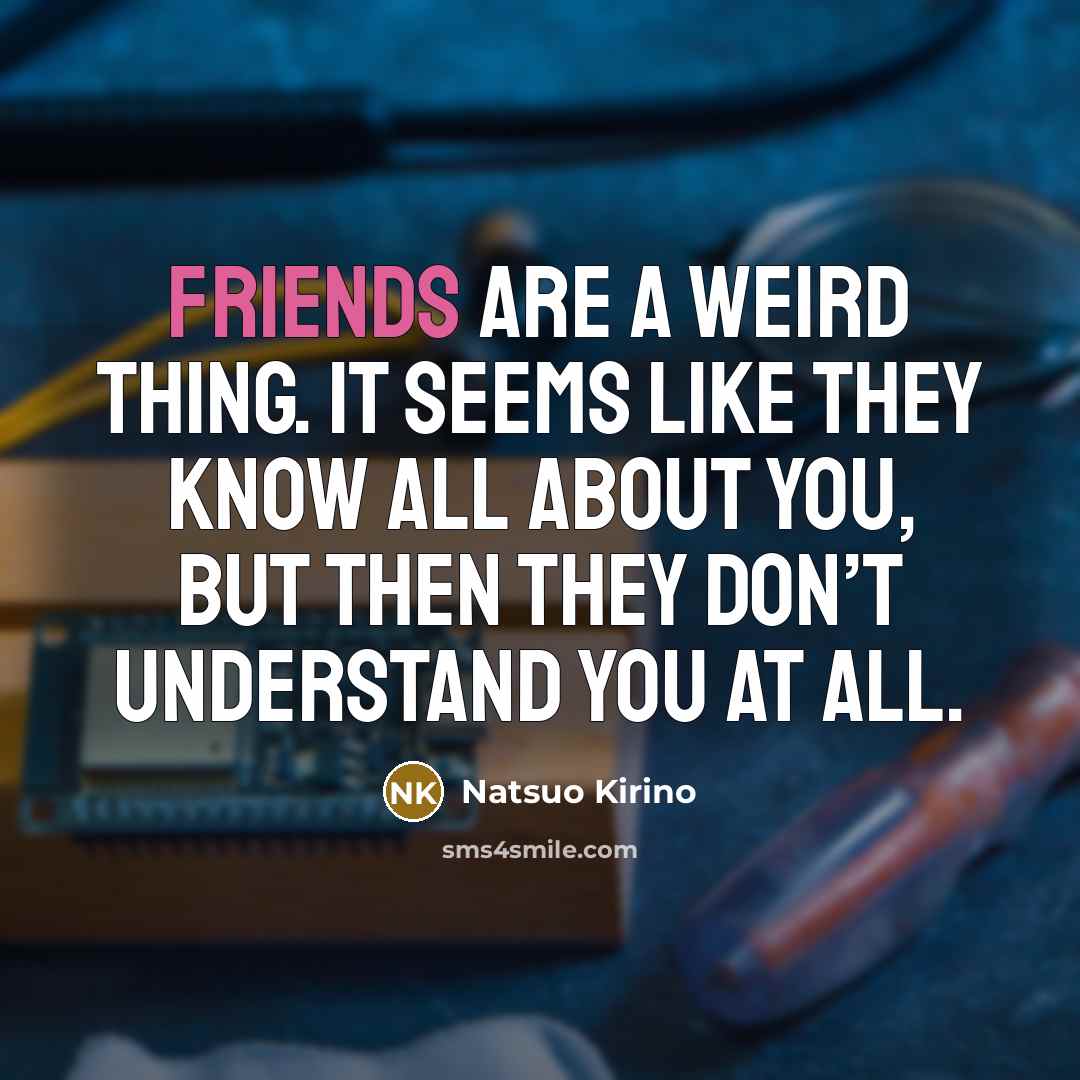 “Friends are a weird thing. It seems like they know all about you, but then they don’t understand you at all.” quote by Natsuo Kirino