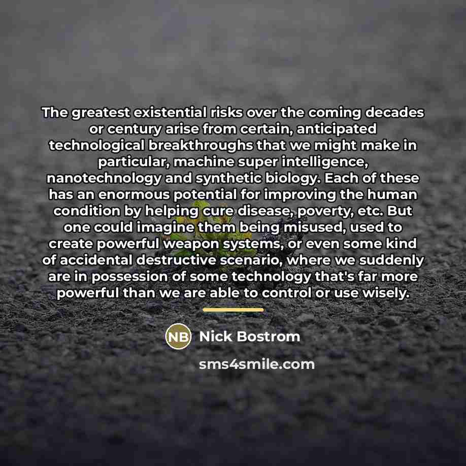 “The greatest existential risks over the coming decades or century…” quote by Nick Bostrom