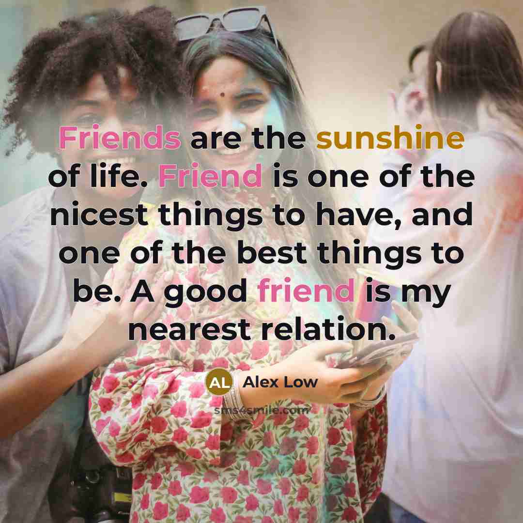 “Friends are the sunshine of life. Friend is one of the nicest things to have, and one of the best things to be. A good friend is my nearest relation.” quote by Alex Low