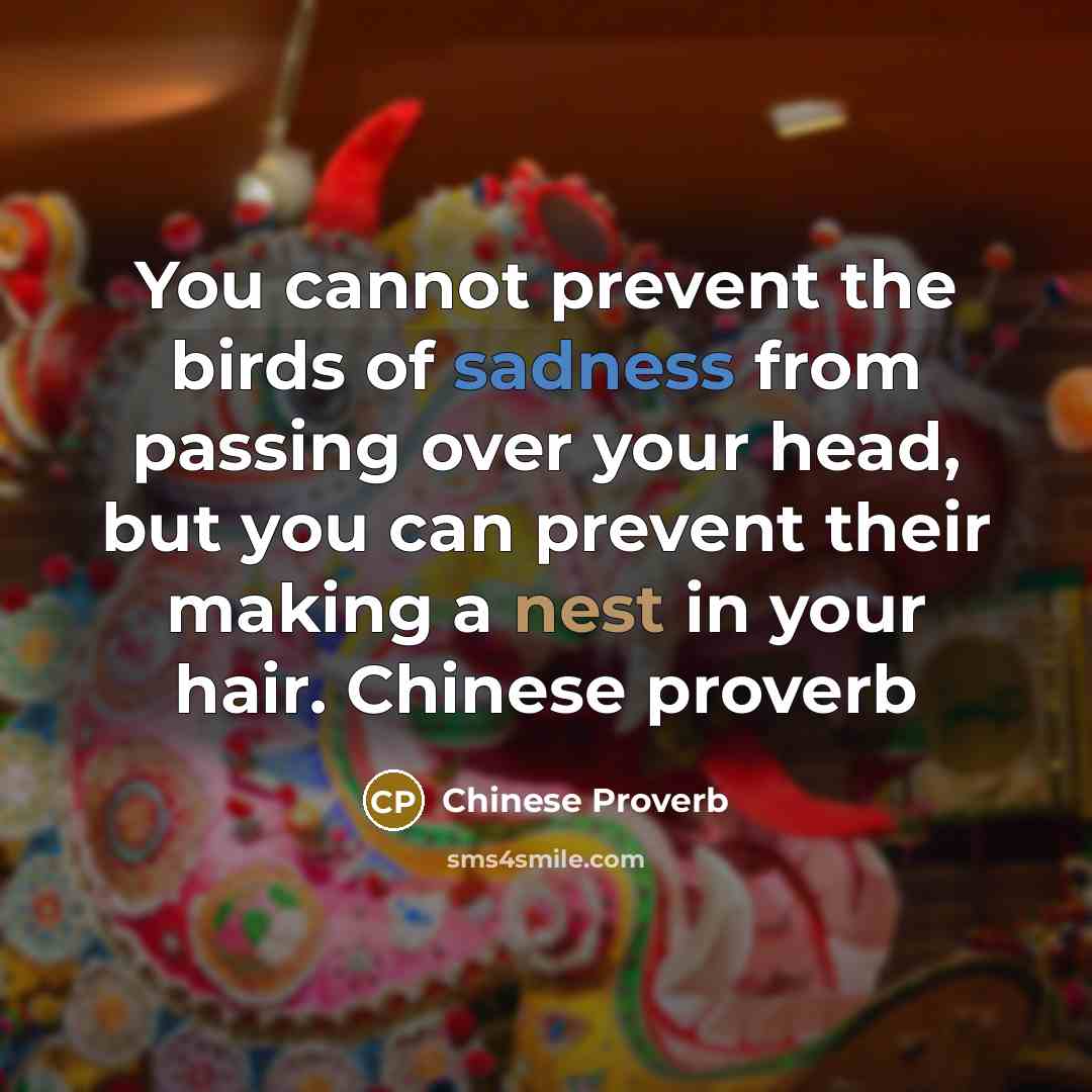 “You cannot prevent the birds of sadness from passing over your head, but you can prevent their making a nest in your hair. Chinese proverb” quote by Chinese Proverb