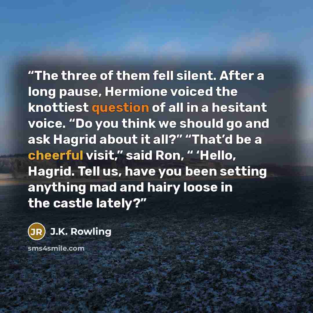 “The three of them fell silent. After a long pause, Hermione voiced the knottiest question of all in a hesitant voice. “Do you think we should go and ask Hagrid about it all?” “That’d be a cheerful visit,” said Ron, “ ‘Hello, Hagrid. Tell us, have you been setting anything mad and hairy loose in…” quote by J.K. Rowling