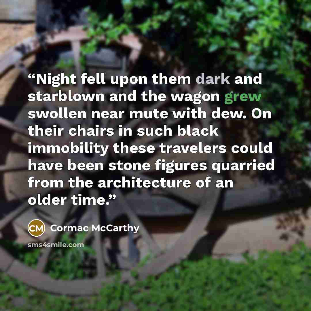 “Night fell upon them dark and starblown and the wagon grew swollen near mute with dew. On their chairs in such black immobility these travelers could have been stone figures quarried from the architecture of an older time.” quote by Cormac McCarthy