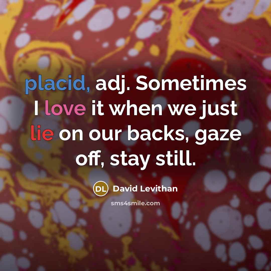 “placid, adj. Sometimes I love it when we just lie on our backs, gaze off, stay still.” quote by David Levithan