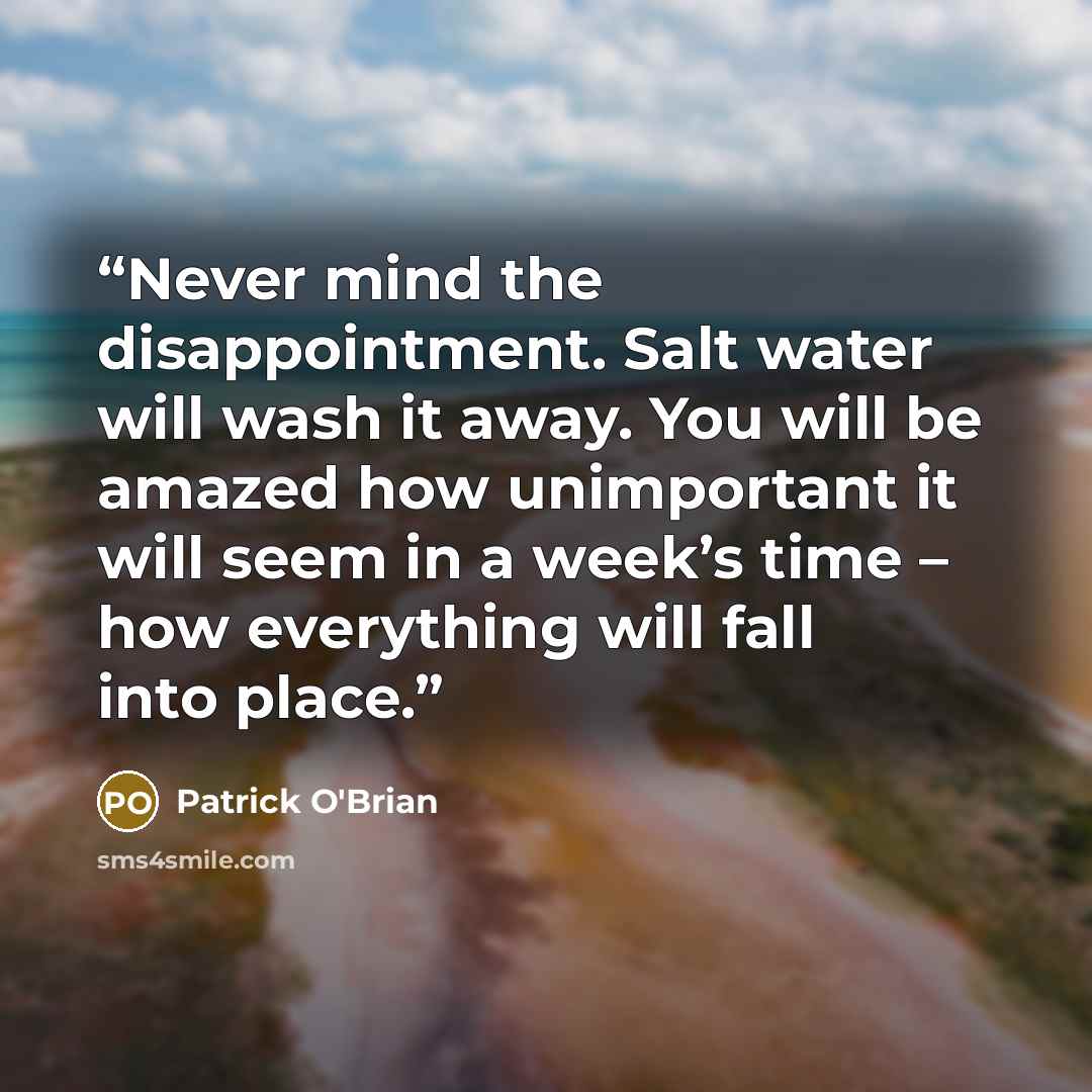 “Never mind the disappointment. Salt water will wash it away. You will be amazed how unimportant it will seem in a week’s time – how everything will fall into place.” quote by Patrick O'Brian