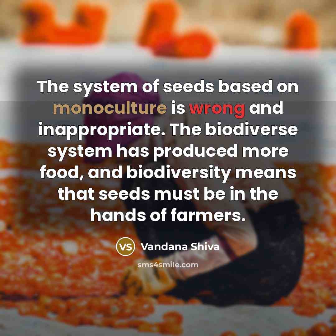 “The system of seeds based on monoculture is wrong and inappropriate. The biodiverse system has produced more food, and biodiversity means that seeds must be in the hands of farmers.” quote by Vandana Shiva
