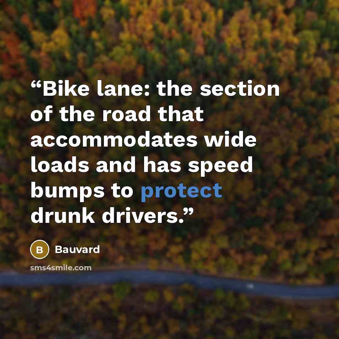 “Bike lane: the section of the road that accommodates wide loads and has speed bumps to protect drunk drivers.” quote by Bauvard