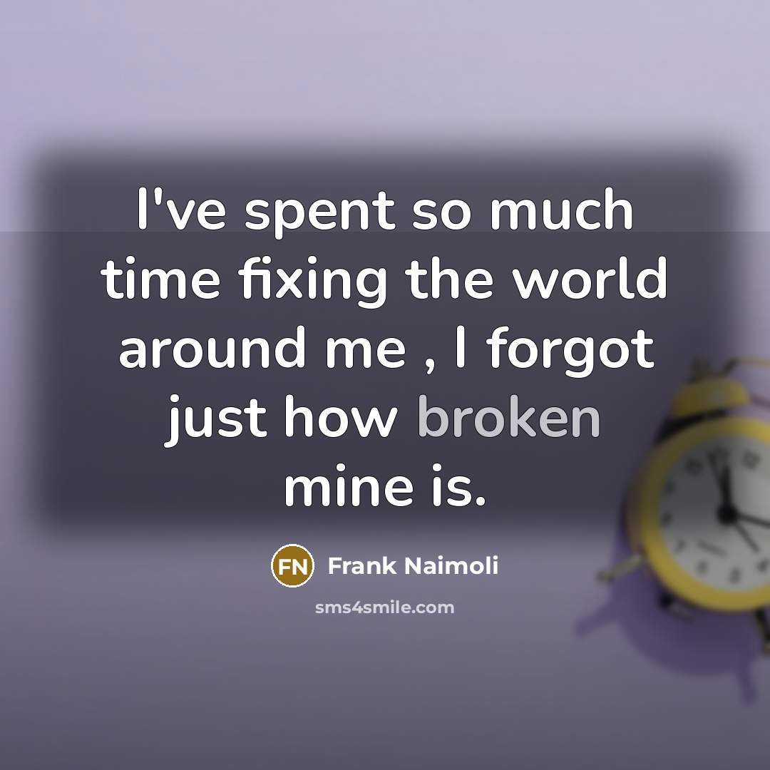 “I've spent so much time fixing the world around me , I forgot just how broken mine is.” quote by Frank Naimoli