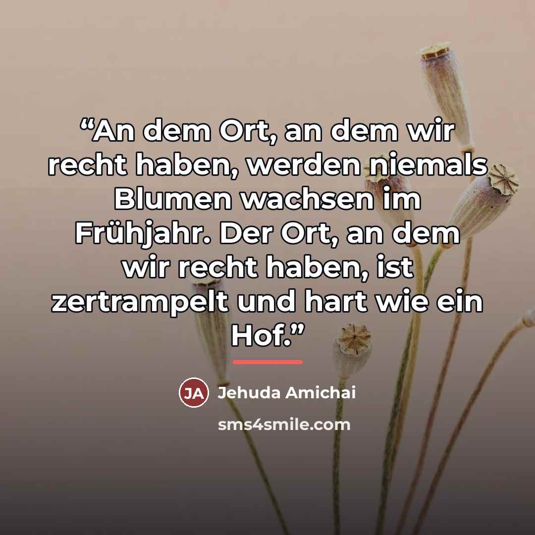 “An dem Ort, an dem wir recht haben, werden niemals Blumen wachsen im Frühjahr. Der Ort, an dem wir recht haben, ist zertrampelt und hart wie ein Hof.” quote by Jehuda Amichai