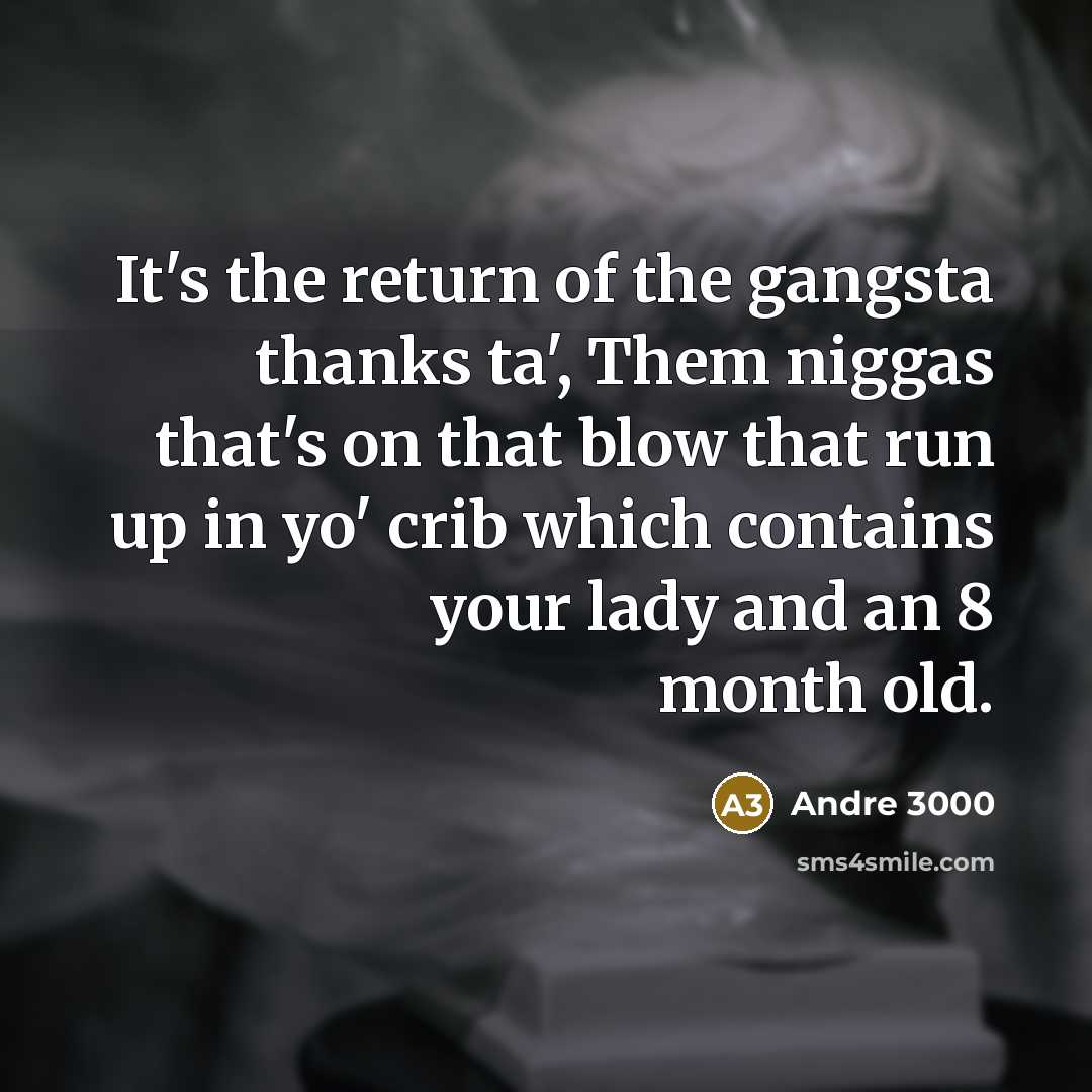 “It's the return of the gangsta thanks ta', Them niggas that's on that blow that run up in yo' crib which contains your lady and an 8 month old.” quote by Andre 3000