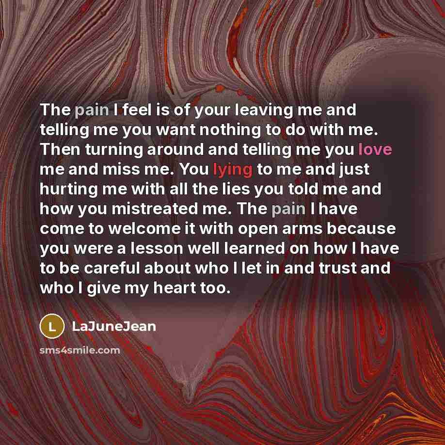 “The pain I feel is of your leaving me and telling me you want nothing to do with me. Then turning around and telling me you love me and miss me. You lying to me and just hurting me with all the lies you told me and how you mistreated me. The pain I have come to welcome it with open arms because…” quote by LaJuneJean