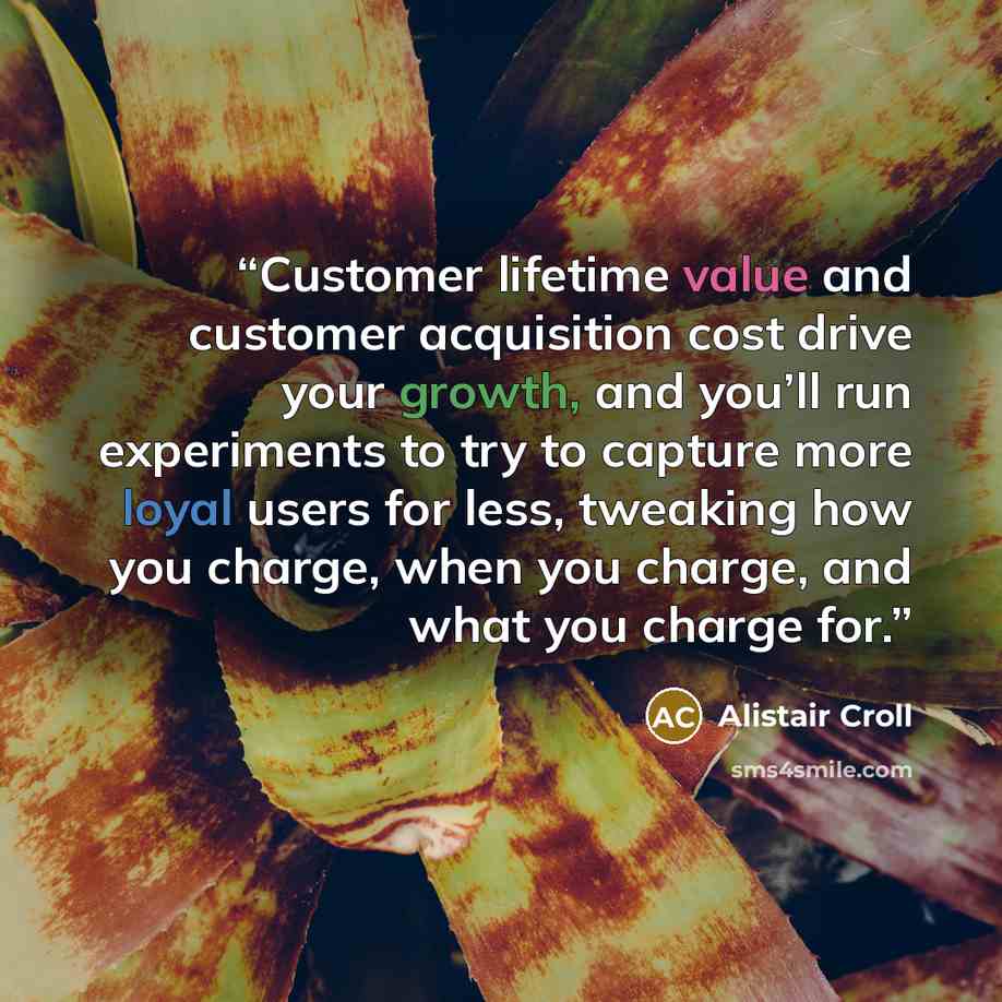 “Customer lifetime value and customer acquisition cost drive your growth, and you’ll run experiments to try to capture more loyal users for less, tweaking how you charge, when you charge, and what you charge for.” quote by Alistair Croll