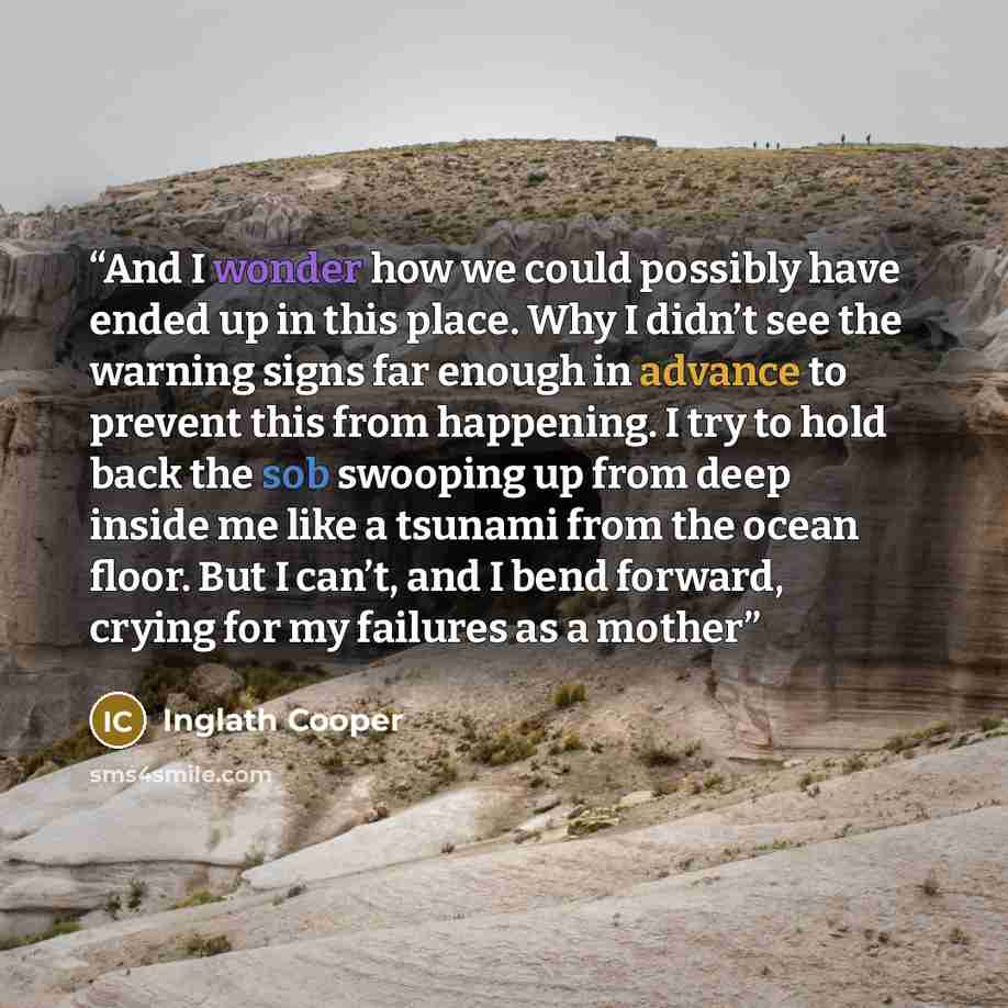 “And I wonder how we could possibly have ended up in this place. Why I didn’t see the warning signs far enough in advance to prevent this from happening. I try to hold back the sob swooping up from deep inside me like a tsunami from the ocean floor. But I can’t, and I bend forward, crying for my…” quote by Inglath Cooper