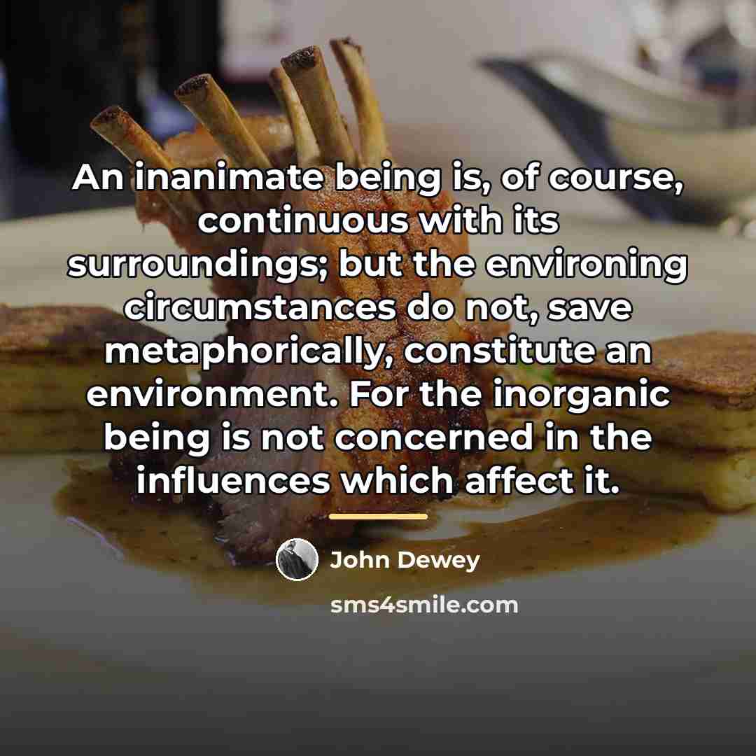 “An inanimate being is, of course, continuous with its surroundings;…” quote by John Dewey