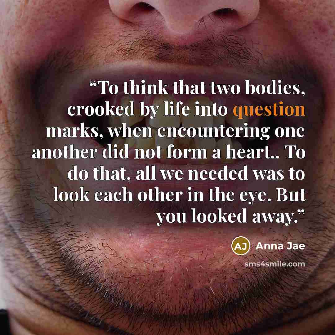 “To think that two bodies, crooked by life into question marks, when encountering one another did not form a heart.. To do that, all we needed was to look each other in the eye. But you looked away.” quote by Anna Jae