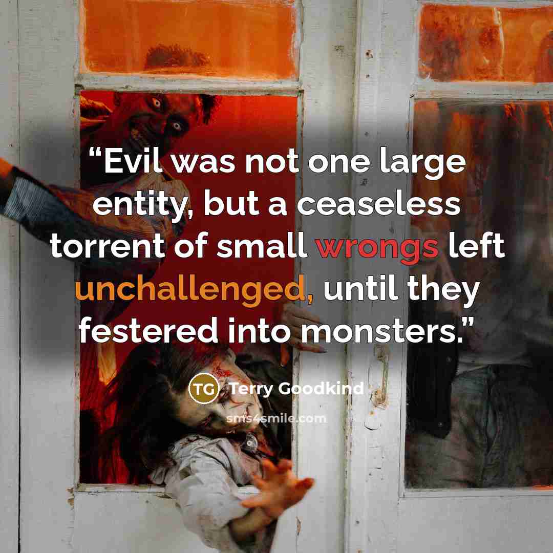 “Evil was not one large entity, but a ceaseless torrent of small wrongs left unchallenged, until they festered into monsters.” quote by Terry Goodkind