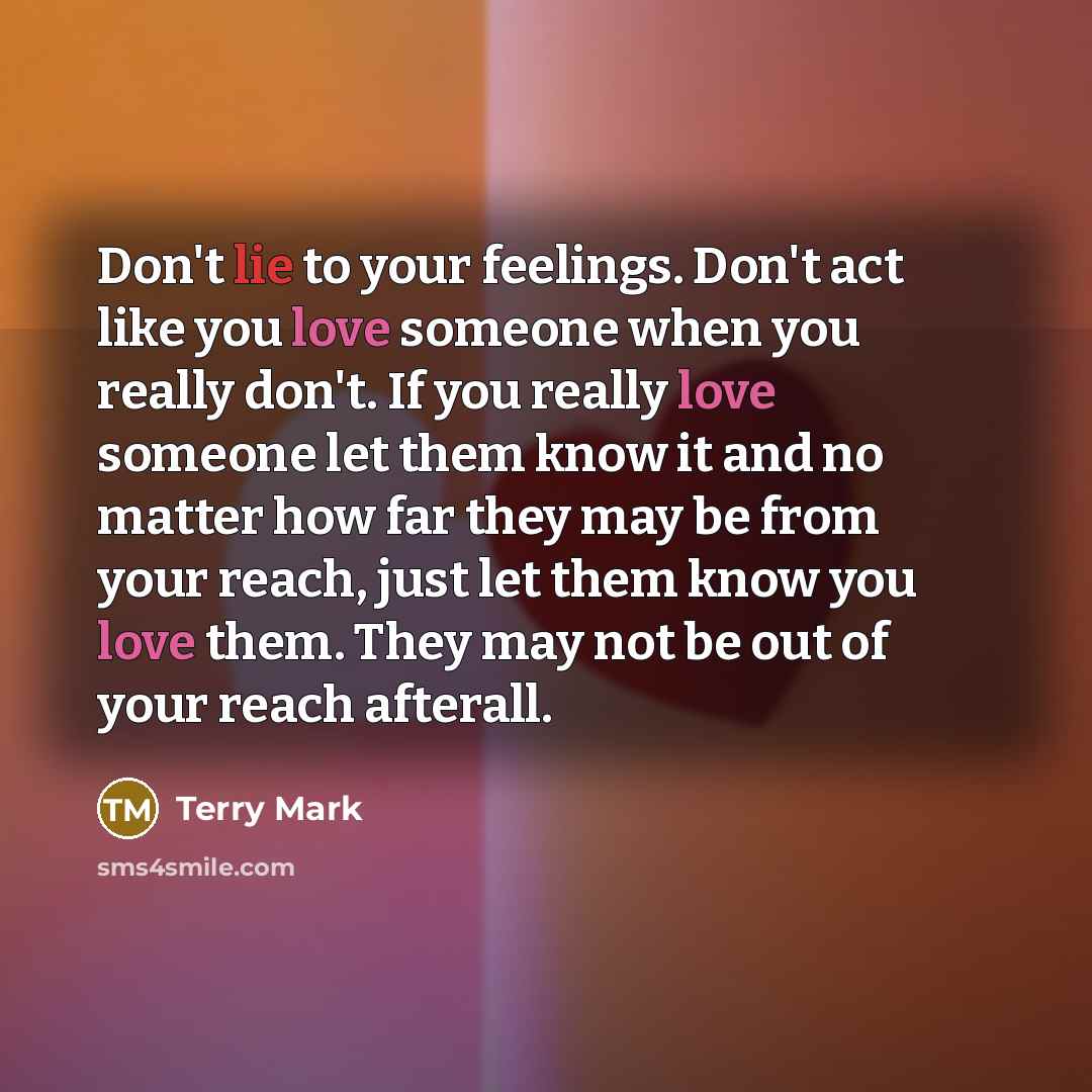 “Don't lie to your feelings. Don't act like you love someone when you really don't. If you really love someone let them know it and no matter how far they may be from your reach, just let them know you love them. They may not be out of your reach afterall.” quote by Terry Mark