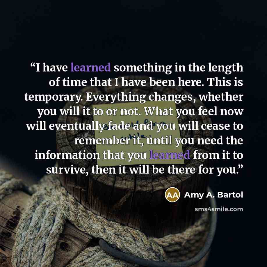 “I have learned something in the length of time that I have been here. This is temporary. Everything changes, whether you will it to or not. What you feel now will eventually fade and you will cease to remember it, until you need the information that you learned from it to survive, then it will be…” quote by Amy A. Bartol