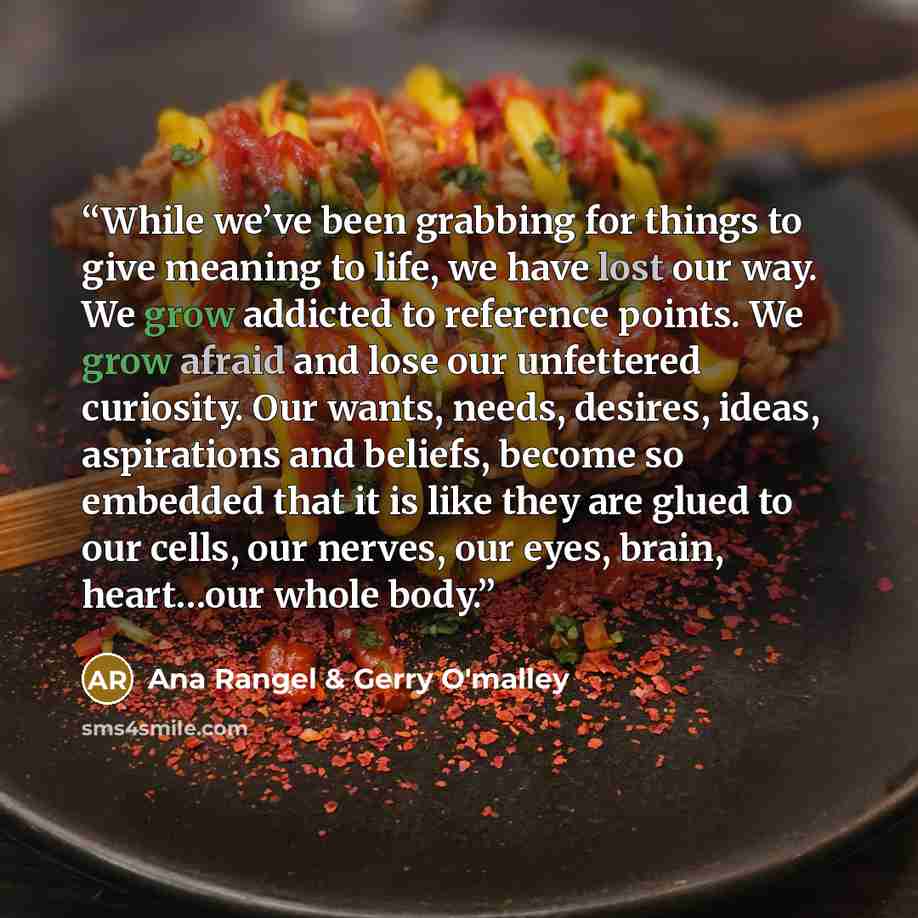 “While we’ve been grabbing for things to give meaning to life, we have lost our way. We grow addicted to reference points. We grow afraid and lose our unfettered curiosity. Our wants, needs, desires, ideas, aspirations and beliefs, become so embedded that it is like they are glued to our cells, our…” quote by Ana Rangel & Gerry O'malley