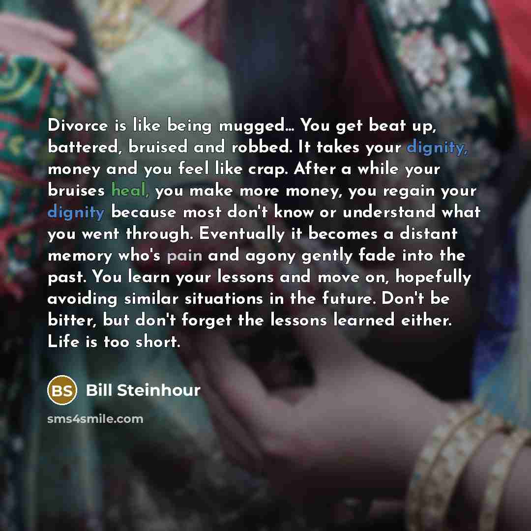 “Divorce is like being mugged... You get beat up, battered, bruised and robbed. It takes your dignity, money and you feel like crap. After a while your bruises heal, you make more money, you regain your dignity because most don't know or understand what you went through. Eventually it becomes a…” quote by Bill Steinhour