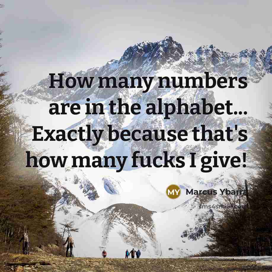 “How many numbers are in the alphabet... Exactly because that's how many fucks I give!” quote by Marcus Ybarra