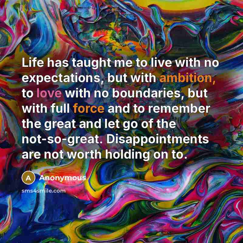 “Life has taught me to live with no expectations, but with ambition, to love with no boundaries, but with full force and to remember the great and let go of the not-so-great. Disappointments are not worth holding on to.” quote by Anonymous